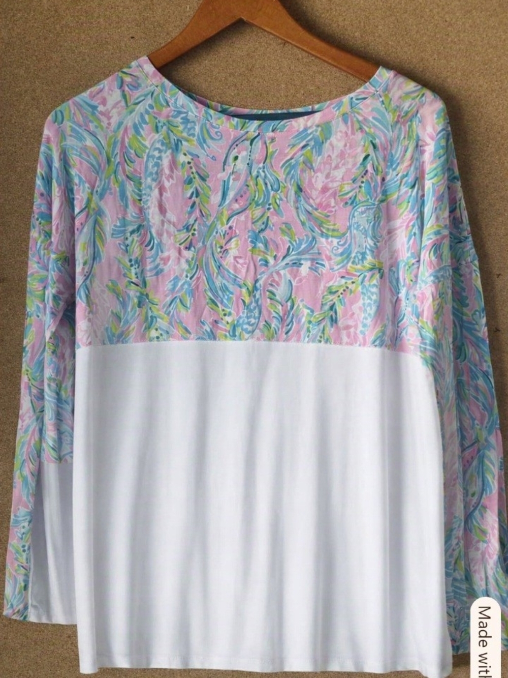 Lilly Pulitzer Finn Colorblock Long Sleeve Top "Shake Your Tailfeather" S Pastel